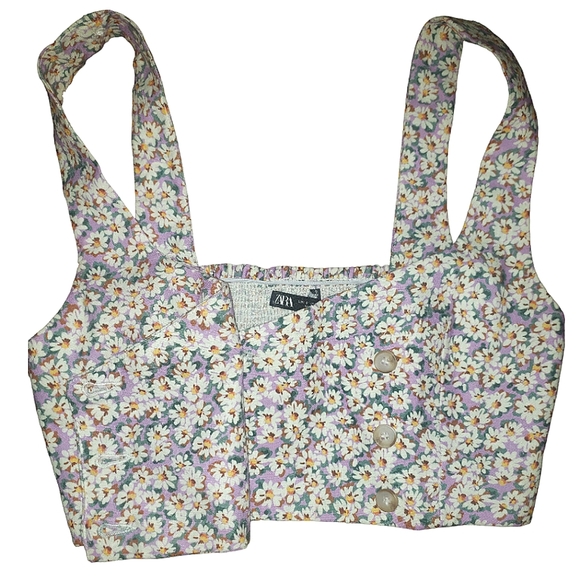 Zara Linen Blend Ditsy Floral Smocked Back Button Front Crop Top S Purple White - Picture 7 of 16